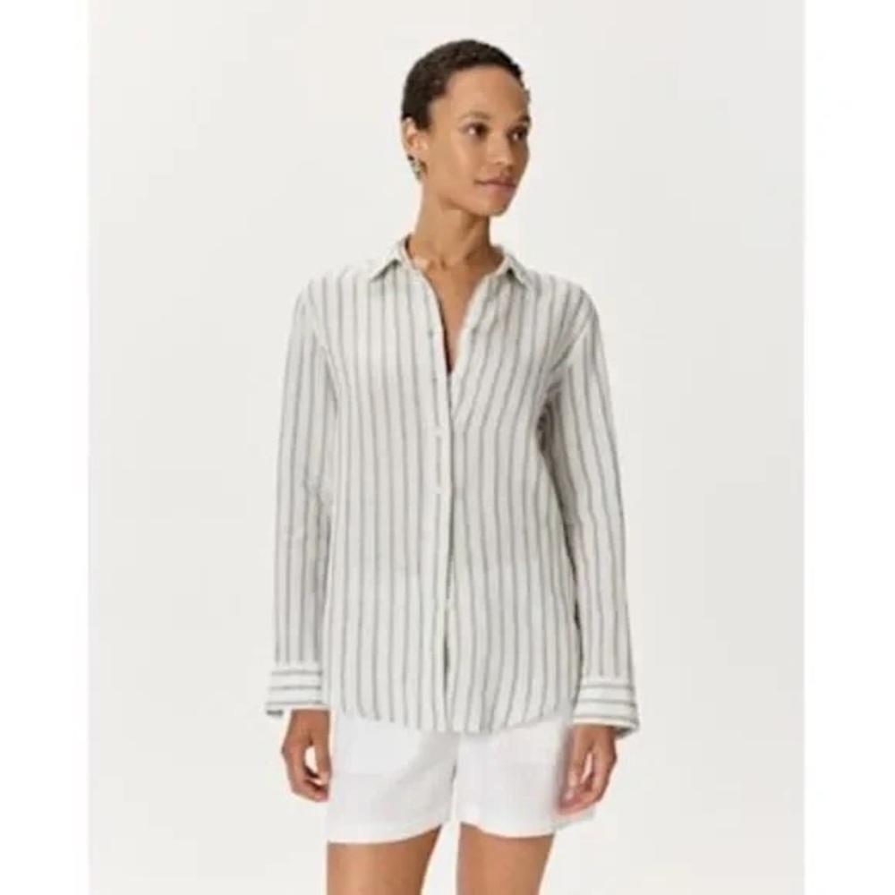 Quince 100% European Linen Long Sleeve Shirt Striped Classic Lightweight Beach